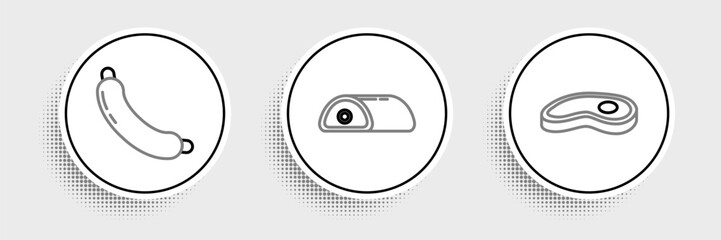 Set line Steak meat, Sausage and Meat icon. Vector