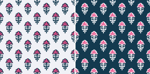 Floral Damask Motif Blue Traditional Block Print Repeat Vector Pattern