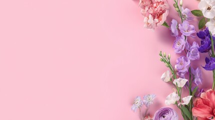 Valentine's Day, Mother's Day, Women's Day concept. Top view, delicate small flowers and fresh eucalyptus branches, pastel background, minimalist style.