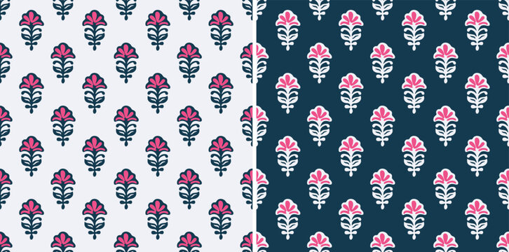 Floral Damask Motif Blue Traditional Block Print Repeat Vector Pattern