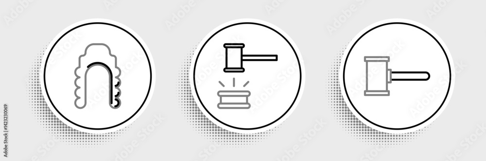 Poster set line judge gavel, wig and icon. vector