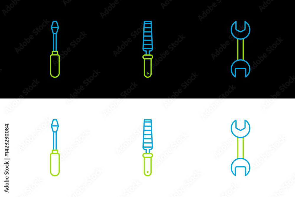 Poster set line wrench spanner, screwdriver and chisel tool for wood icon. vector