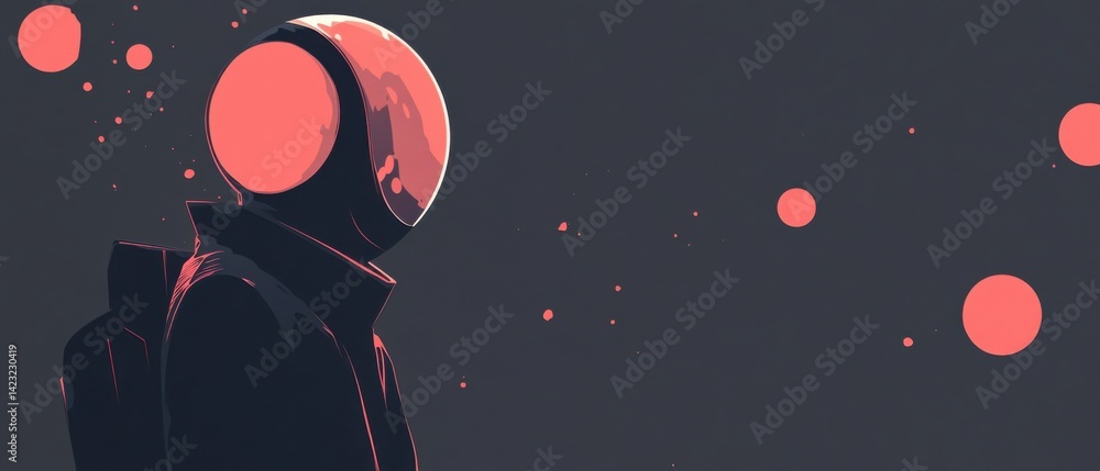 Poster minimalist vector illustration of a spaceman in a helmet looking at red planets in outer space, conc