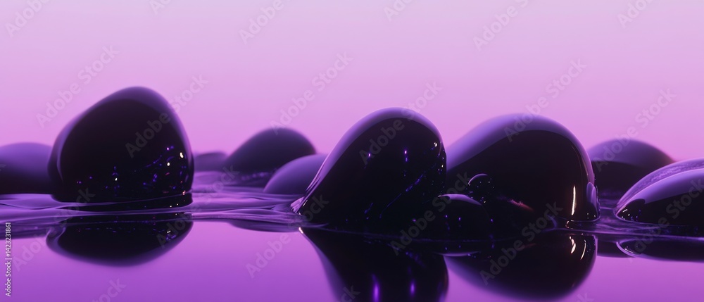 Poster abstract purple liquid with dark glossy blobs reflecting light, creating a surreal and futuristic ba