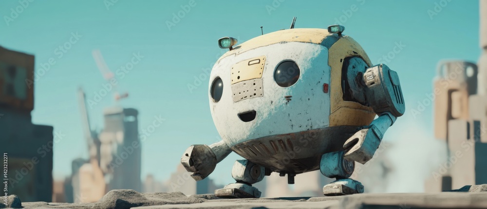 Poster cute spherical robot exploring a desolate cityscape on a sunny day concept of future, artificial int