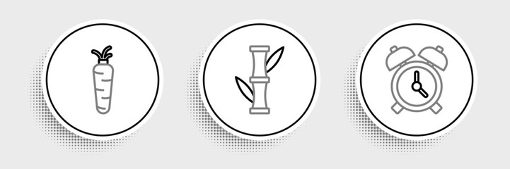 Set line Alarm clock, Carrot and Bamboo icon. Vector