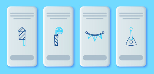 Set line Birthday party horn, Carnival garland with flags, Firework rocket and Balalaika icon. Vector