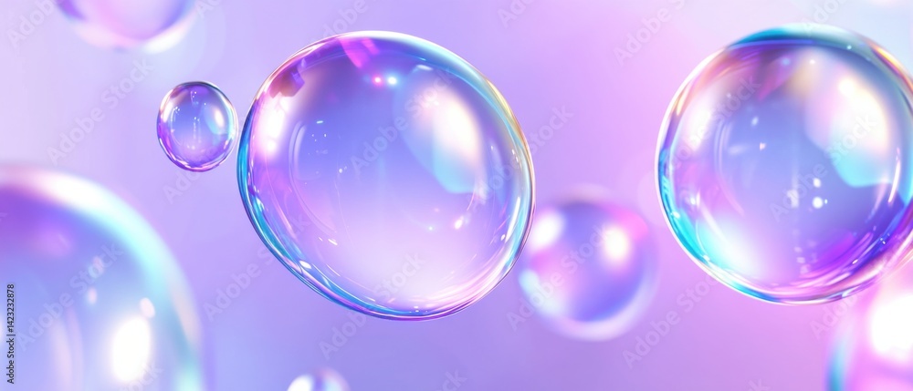 Poster abstract iridescent bubbles floating on a pastel purple background, creating a dreamy and ethereal a