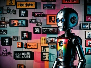 Retro-Futuristic Robot Amidst a Gallery of Memories