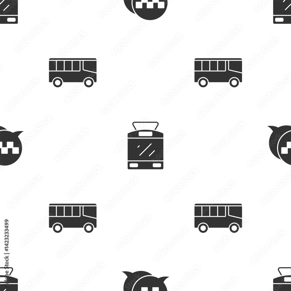 Poster set taxi call telephone service, tram and railway and bus on seamless pattern. vector