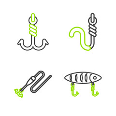Set line Fishing lure, line with hook and float, worm and icon. Vector