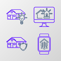 Set line Smart home with smart watch, House under protection, Computer monitor house and alarm and light bulb icon. Vector
