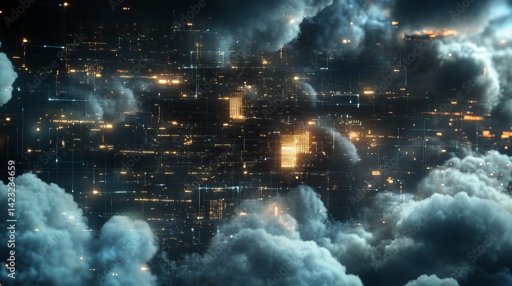 Aufkleber abstract digital network glowing in dark clouds futuristic technology grid blue data neon code lines
