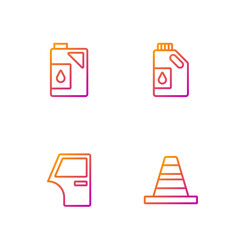 Set line Traffic cone, Car door, Canister for motor oil and . Gradient color icons. Vector
