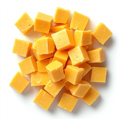 A delectable pile of cubed cheddar cheese, vibrant yellow, sits against a stark white background. Perfect for snacking or culinary creations.