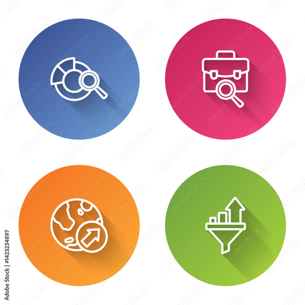Poster set line search data analysis, work search, financial growth and sales funnel with chart. color circ