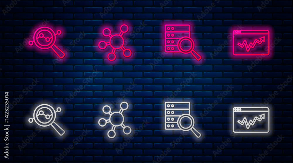 Aufkleber set line project team base, server, search data analysis and graph chart infographic. glowing neon i