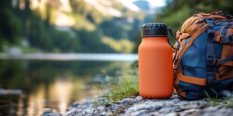 Hiking water bottle and backpack by lake