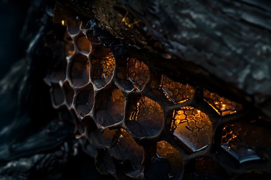 Close-up of a honeycomb structure reveals intricate cells with golden reflections, showcasing nature's design in a dark, mysterious setting.