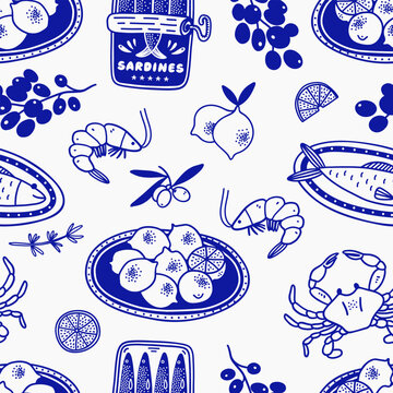 Mediterranean Cuisine Seamless Pattern. Hand Drawn Food Background for Menu design.