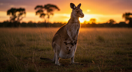 Kangaroo with Joey Standing in Grassy Field at Sunset