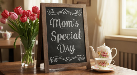 Mother's Day Café Scene with Chalkboard and Tulips