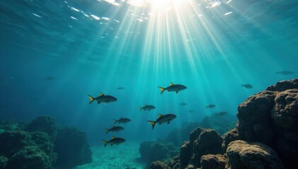 Obraz premium School of Fish Swimming Under Waves, fish, school