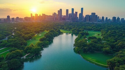 Obraz premium Lush parkland meets cityscape at golden hour.