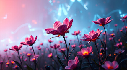 Sunlit pink flower field with glowing dahlias softly backlit by radiant light beams and dreamy floating petals in a tranquil, ethereal garden scene ai.

