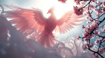 Close-up of a vivid orange-and-white bird with water droplets, set against a misty background of soft cherry blossoms, evoking ethereal springtime beauty and serenity ai.

