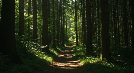 Fototapeta premium Forest Path Through Tall Trees in Woodland Area