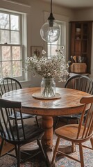 A warm dining area features a round wooden table surrounded by mismatched chairs, with wildflowers in a mason jar as the centerpiece, offering a welcoming space for meals and conversation.