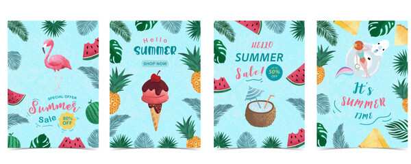 Hello summer background with palm leaves,watermelon,pineapple  frame for a4 vertical design