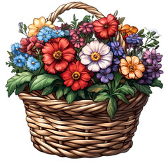 Obraz premium A basket of flowers in vibrant colors isolated on a white background.
