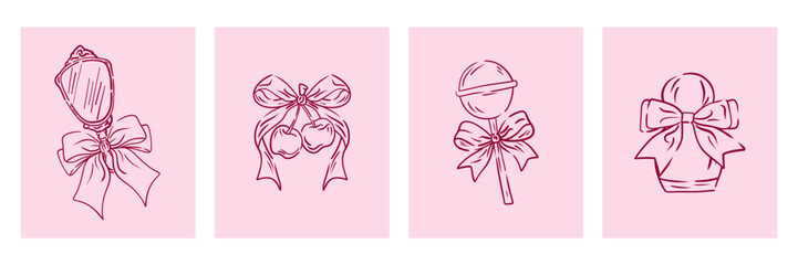 Set coquette girly elements. Hand drawn Aesthetic elegant decor for Valentine, wedding, cards, poster. Line art perfume, cherry, mirror, lollipop.