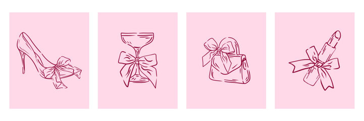 Set coquette girly elements. Hand drawn Aesthetic elegant decor for Valentine day, wedding, cards. Line art of shoes, lipstick, bag, glass.