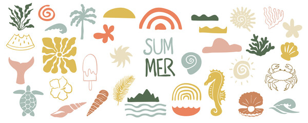 summer groovy icon with rainbow,seahorse,turtle for kid design