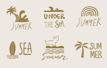summer gold icon with shell,sea,wave,tree,fish tail for kid design