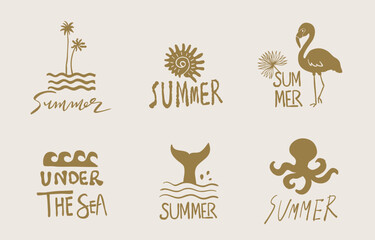 summer gold icon with shell,sea,wave,tree,fish tail for kid design