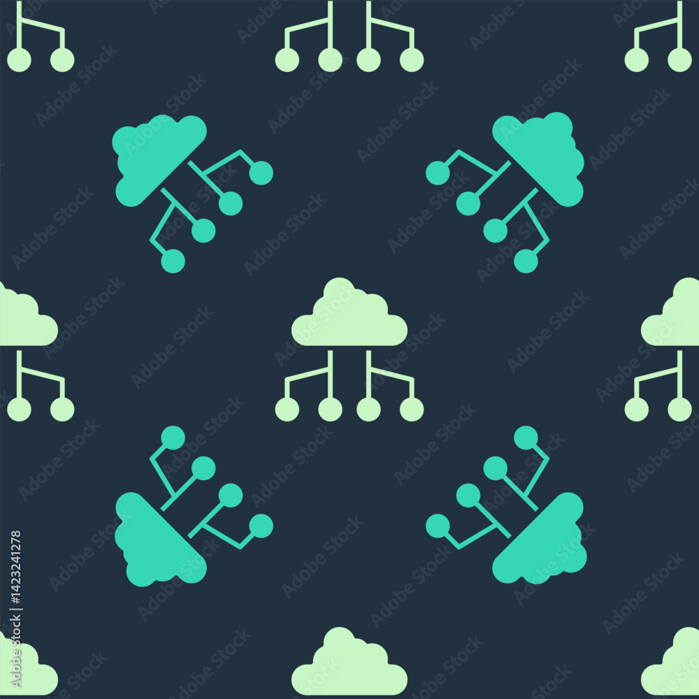 Poster green and beige network cloud connection icon isolated seamless pattern on blue background. social t