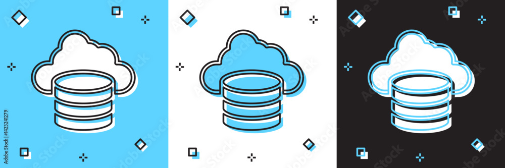 Poster set cloud database icon isolated on blue and white, black background. cloud computing concept. digit