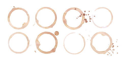 Coffee or tea stain drink cup rings vector illustration set isolated on white background. Coffee stain marks ring cup spot trace. Brown round splashes of drink collection.