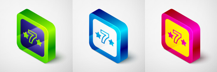 Isometric Casino slot machine with clover symbol icon isolated on grey background. Gambling games. Square button. Vector