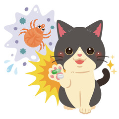 害虫を薬剤で治療して元気になる猫のイラスト