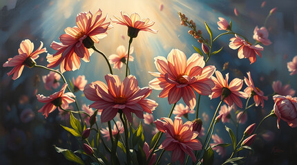 Sunlit pink flower field with glowing dahlias softly backlit by radiant light beams and dreamy floating petals in a tranquil, ethereal garden scene ai.

