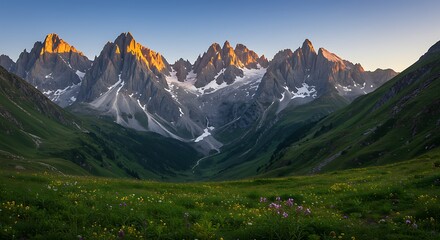 Mountain Range View with Meadow Flowers and Sunset