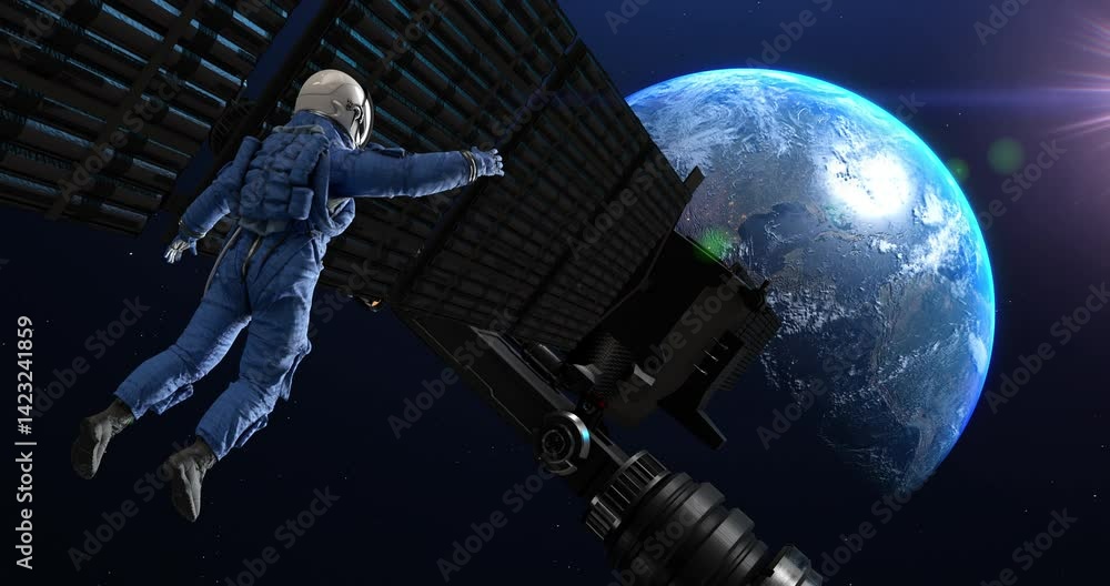 Wall mural stunning planet earth view as astronaut moves in outer space. space and technology related 4k 3d ani