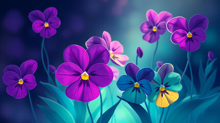 Close-up of vibrant purple and violet pansies with yellow-white centers, showcasing velvety petals and rich textures against a softly blurred floral background of similar hues ai.

