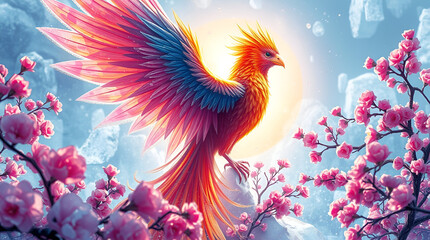 Close-up of a vivid orange-and-white bird with water droplets, set against a misty background of soft cherry blossoms, evoking ethereal springtime beauty and serenity ai.

