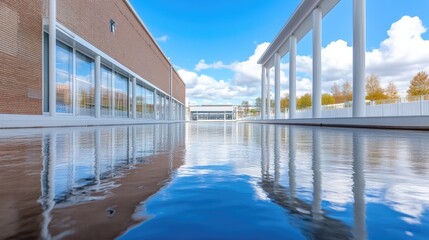 Fototapeta premium Modern architectural complex reflects sky in tranquil water